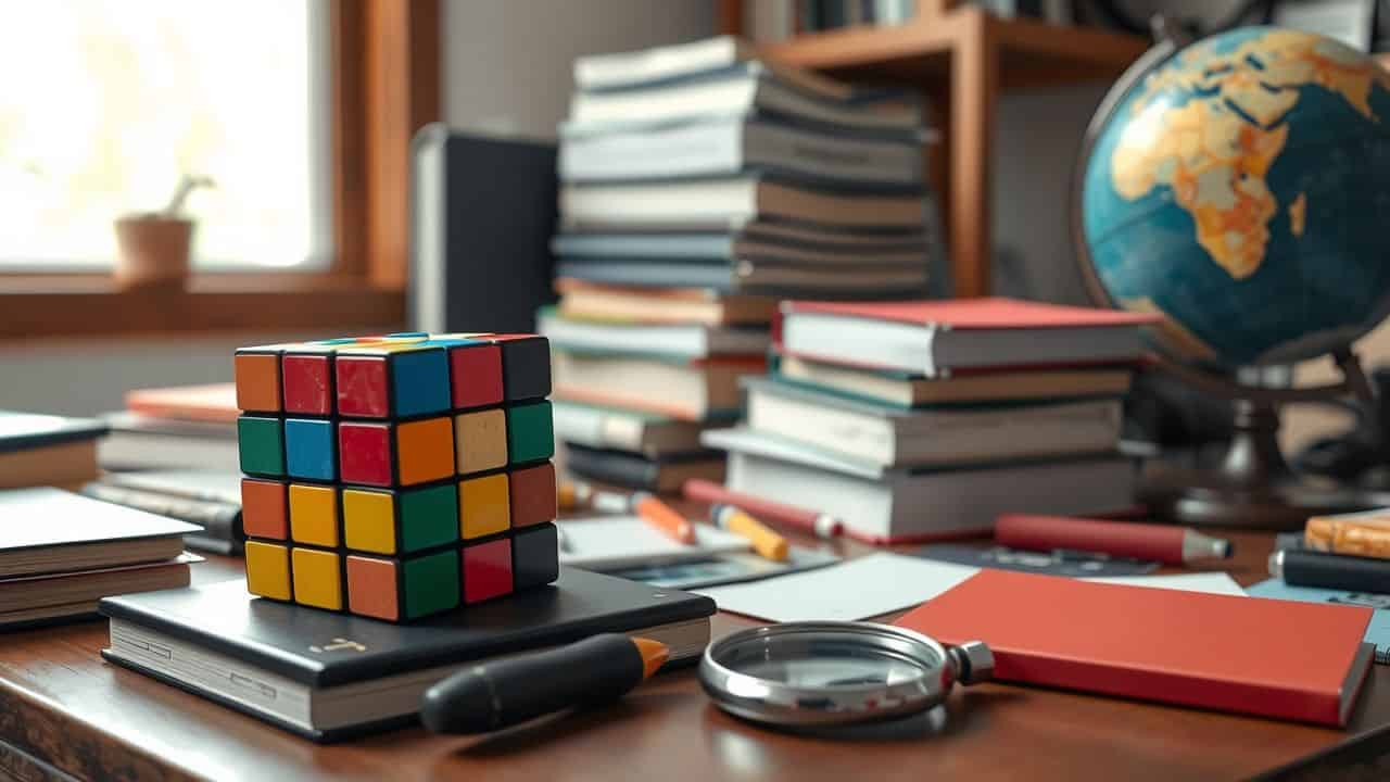 A cluttered desk with a Rubik's cube, books, globe, and magnifying glass.