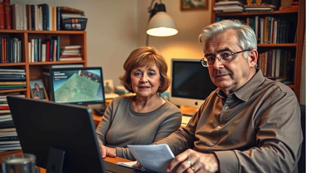 Elderly couple reminiscing in a cluttered study.