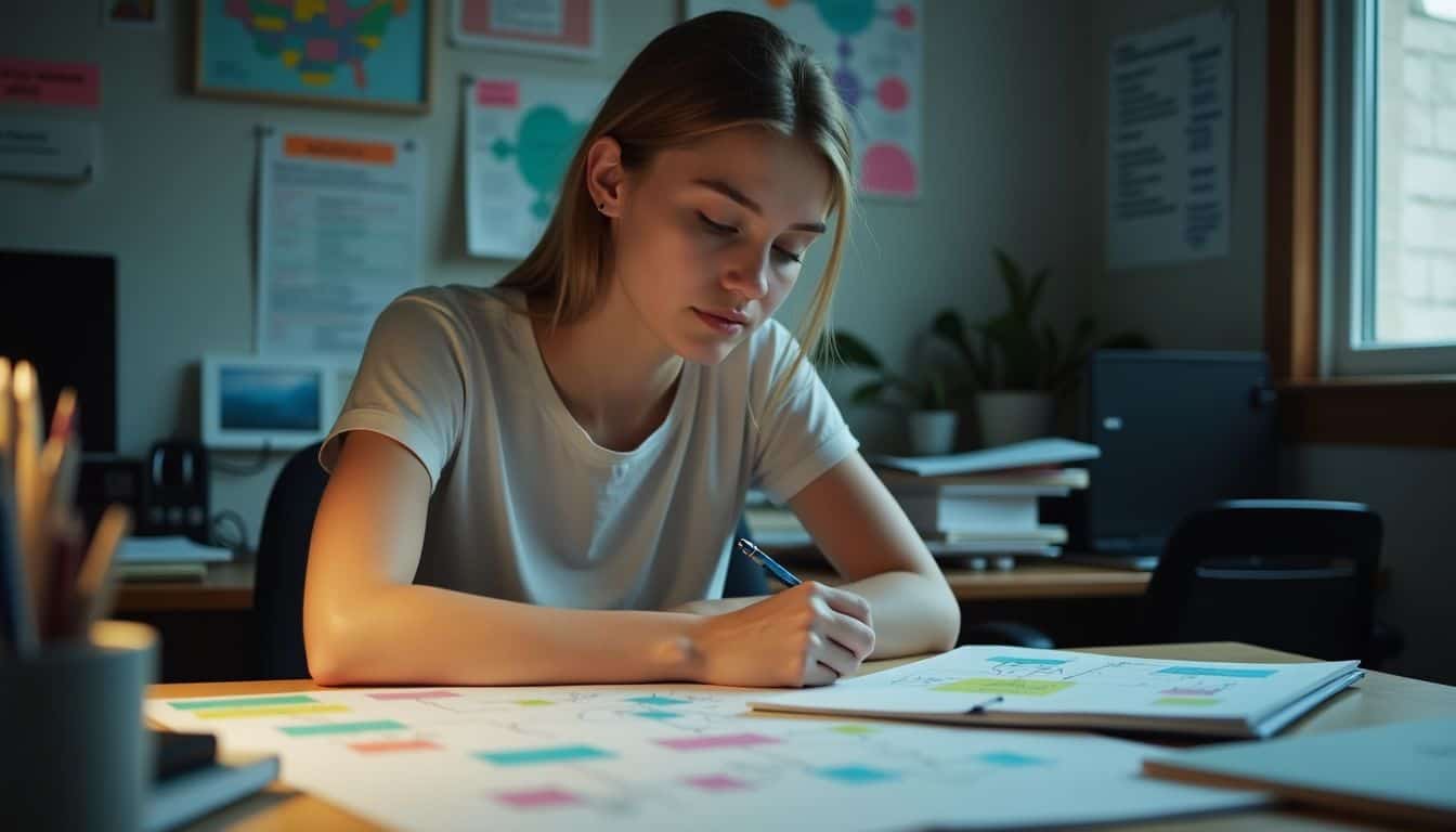 A college student sits at a cluttered desk with colorful mind maps.