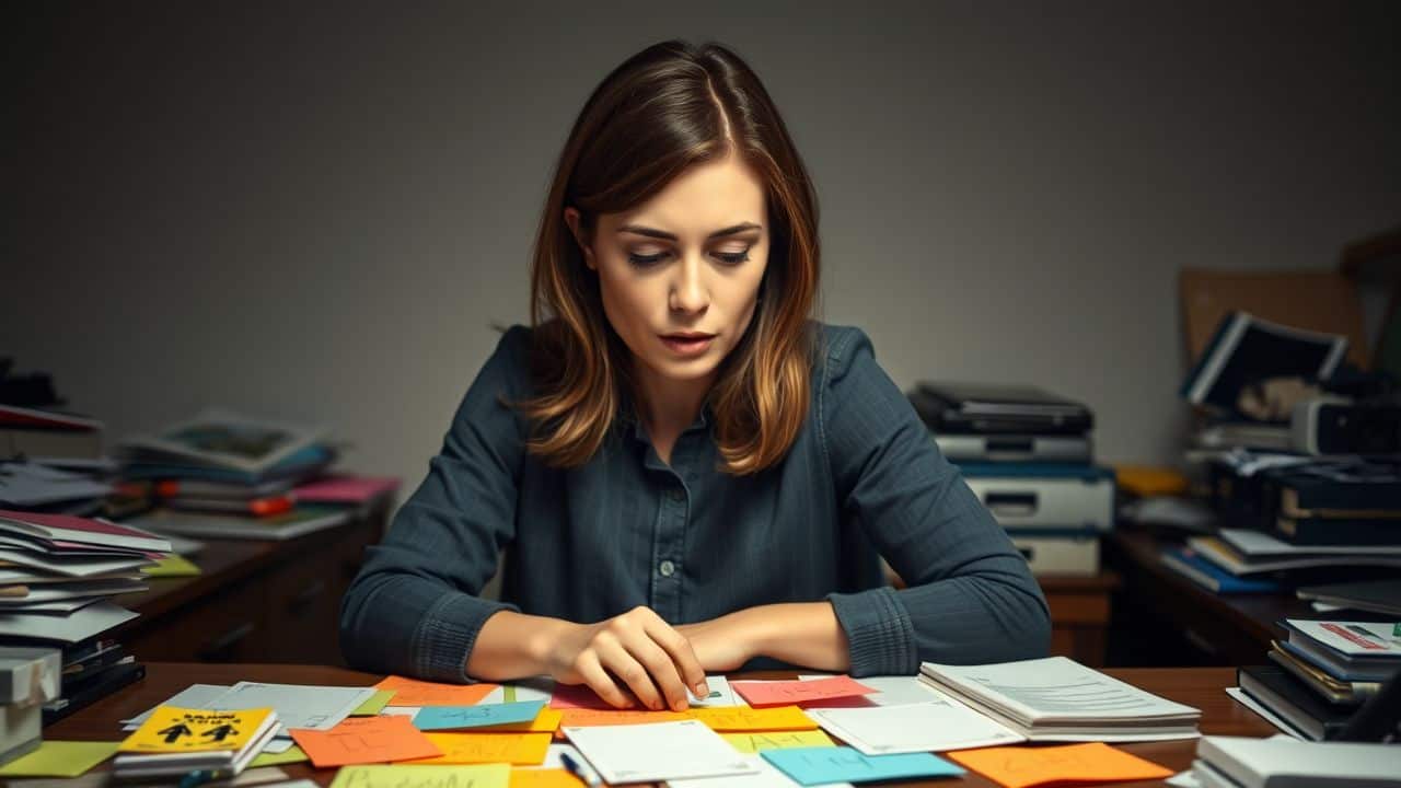 A woman studying at a cluttered desk with colorful materials.