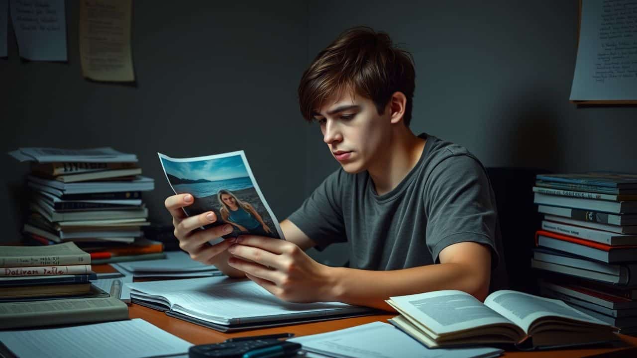 A college student studies at cluttered desk for upcoming presentation.