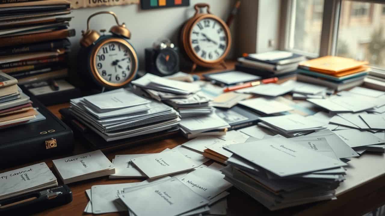 A cluttered desk with scattered flashcards and a vintage clock.