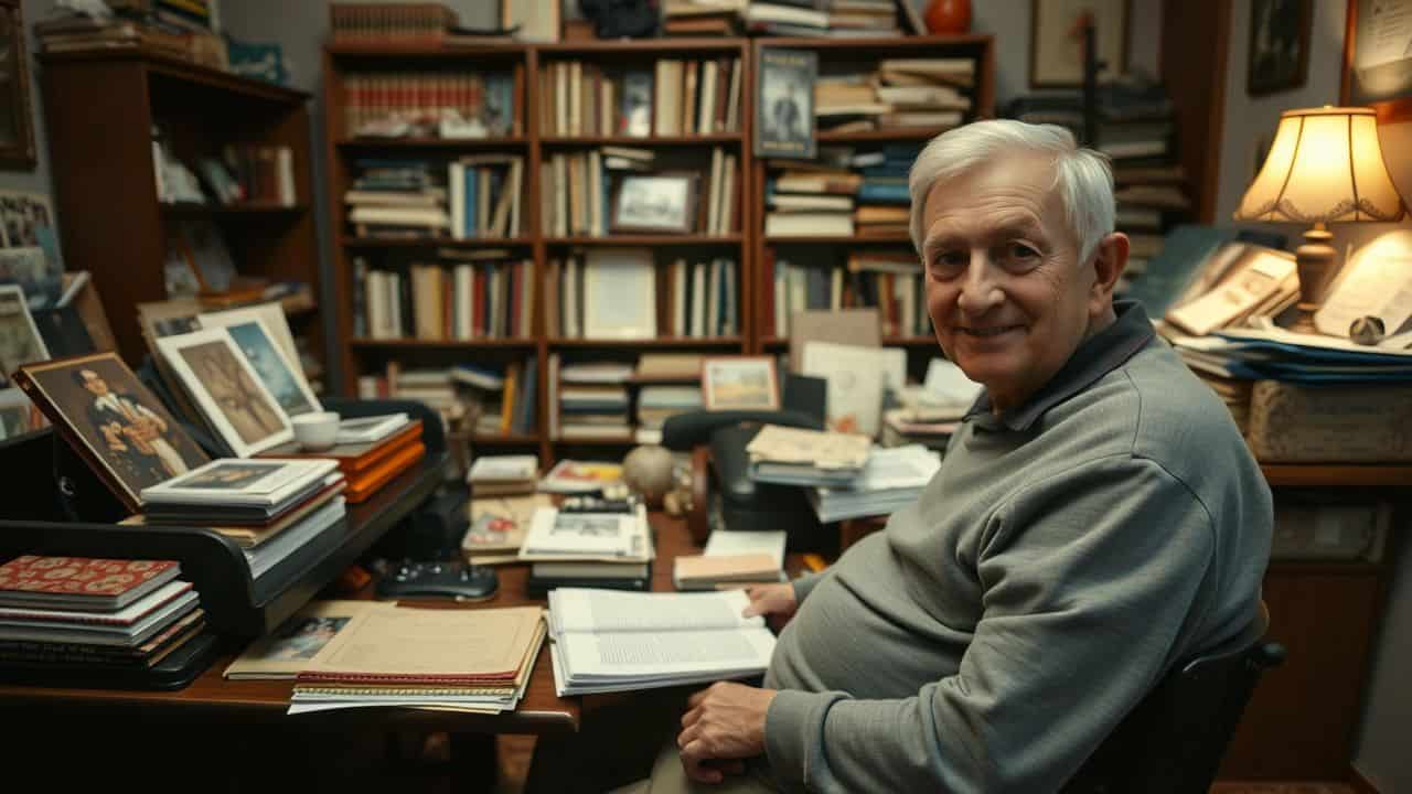 An older person sits at a cluttered desk in a cozy room.