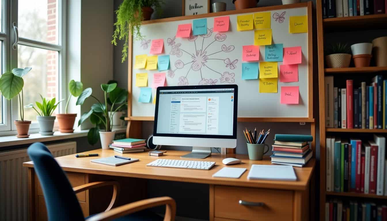 A cozy study desk with colorful notes, whiteboard, and computer.