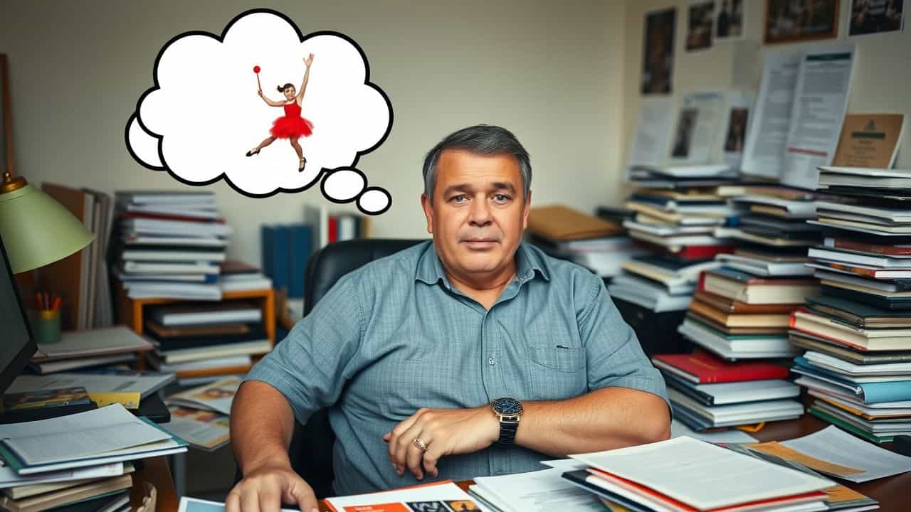 A man sits at a messy desk surrounded by study materials.