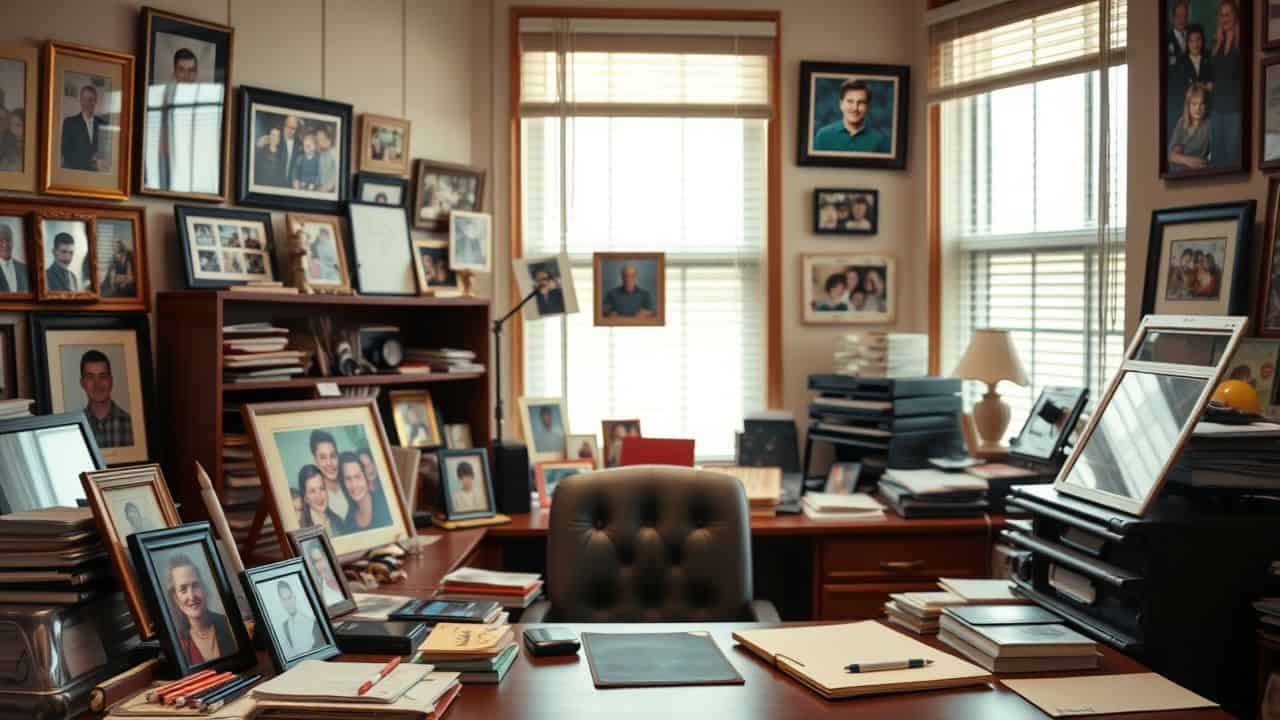 A cluttered office desk with family photos creates a cozy workspace.