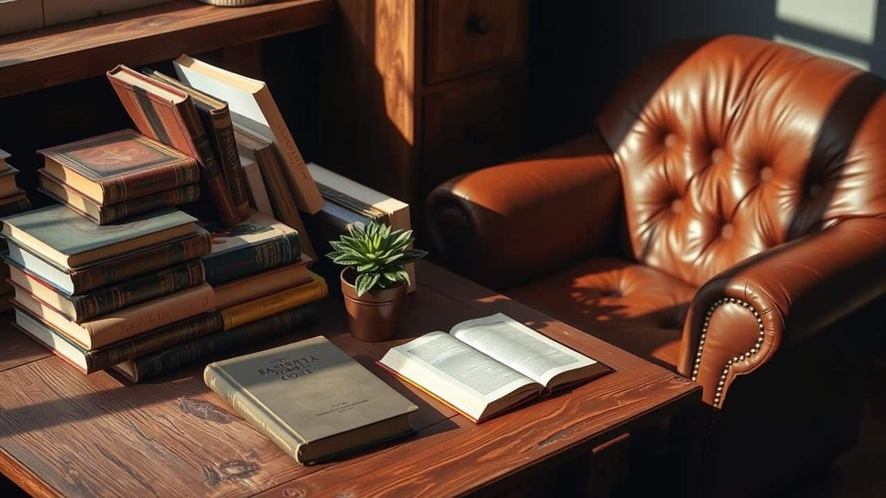 A cozy reading nook with a wooden table and books.