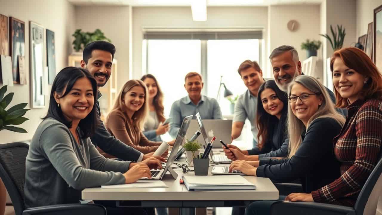 Diverse group of employees working together in a family-owned business office.