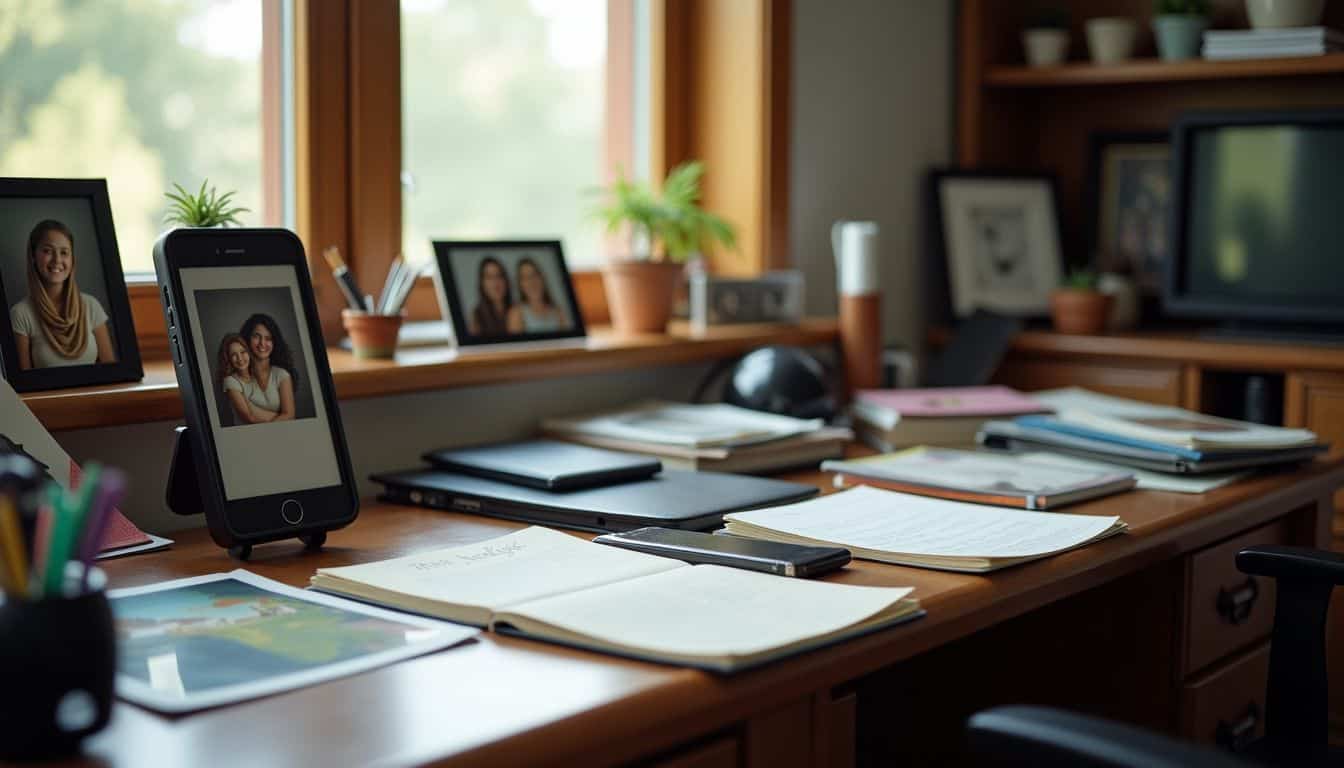 A cluttered desk with family photos and personal items.