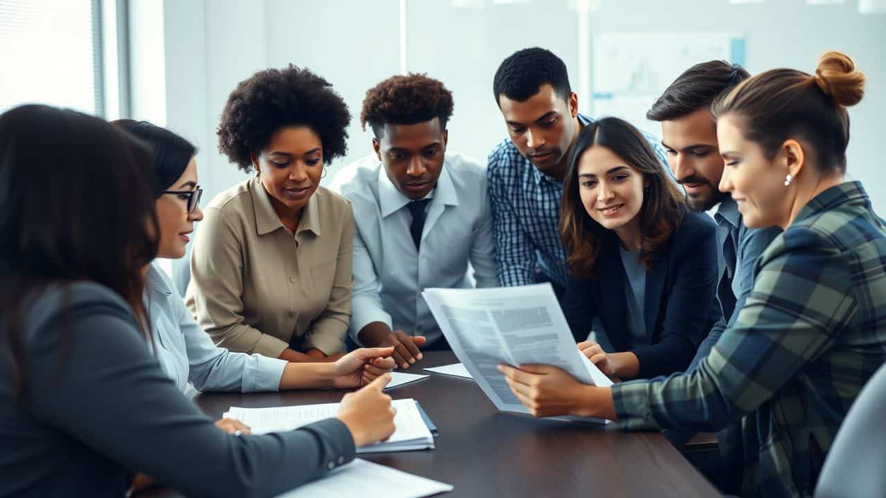 Employees discussing fair hiring policy for family members in casual office setting.