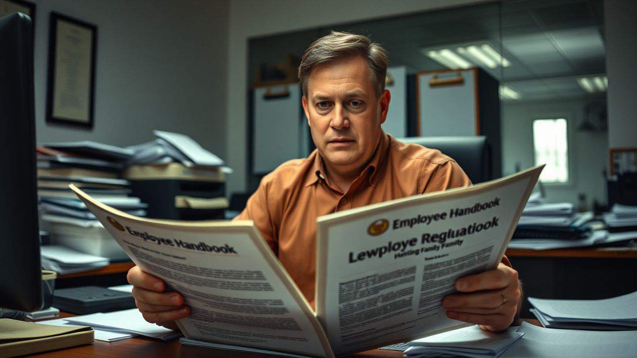 A man reviewing employee handbook at cluttered desk in dim office.