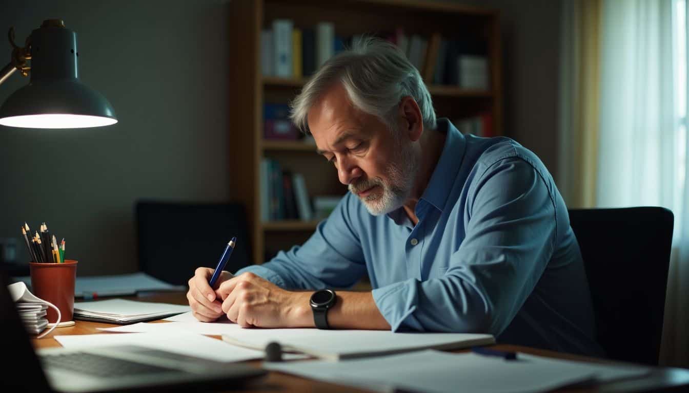 An older man sits at a cluttered desk in a home office.