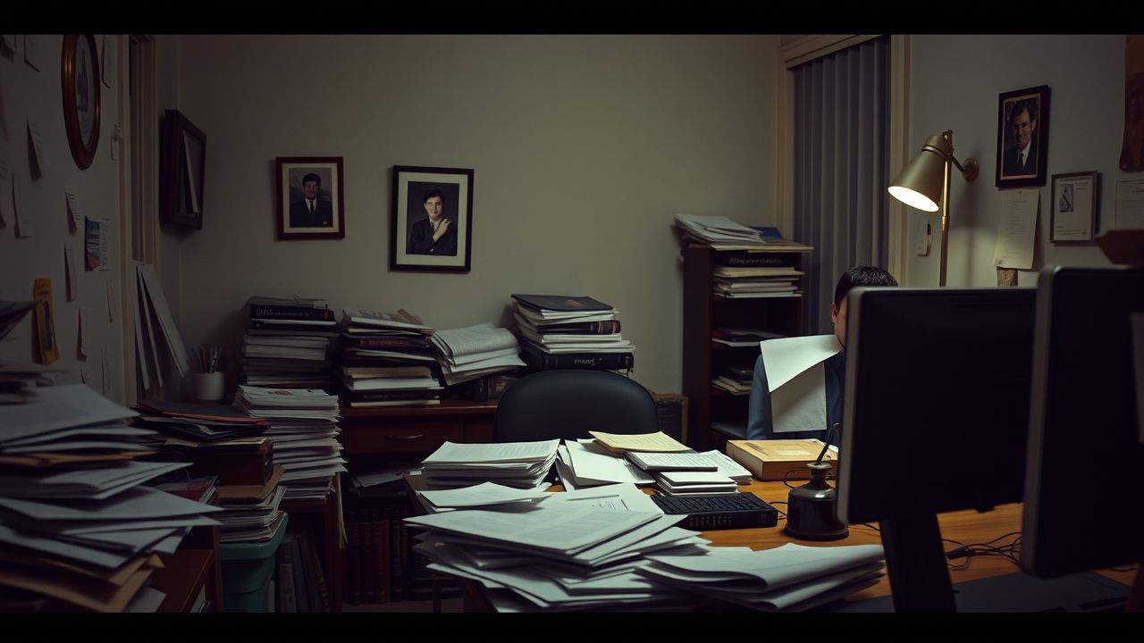 A cluttered office with paperwork, family photo, and heirloom.