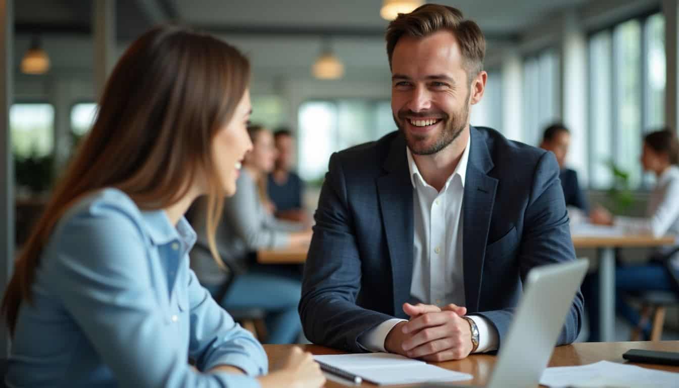 A manager discussing work with a coworker in a diverse office.