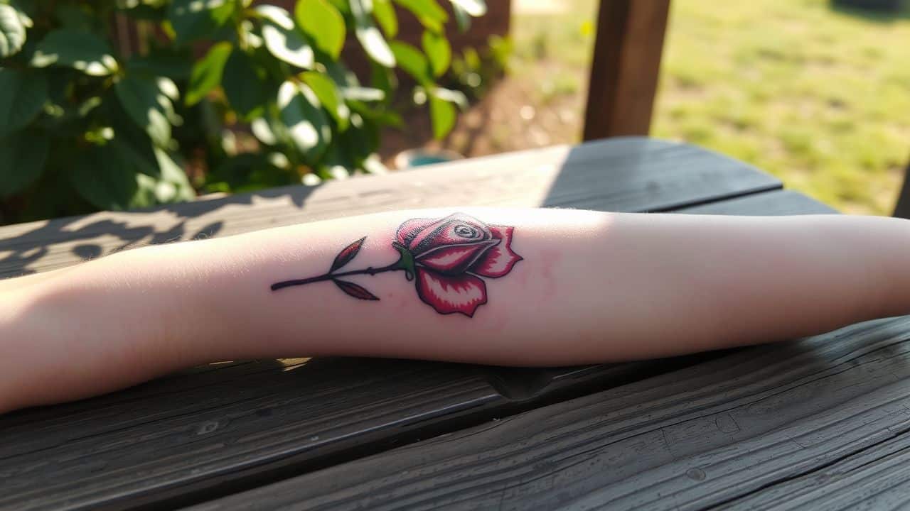 A watercolor style rose tattoo on a wooden table in natural light.