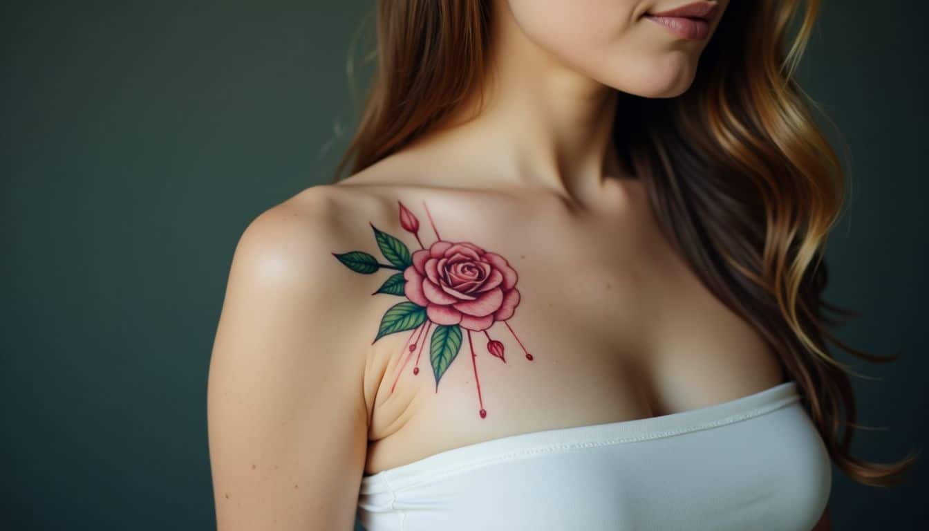 A close-up of a watercolor rose tattoo on a woman's shoulder.