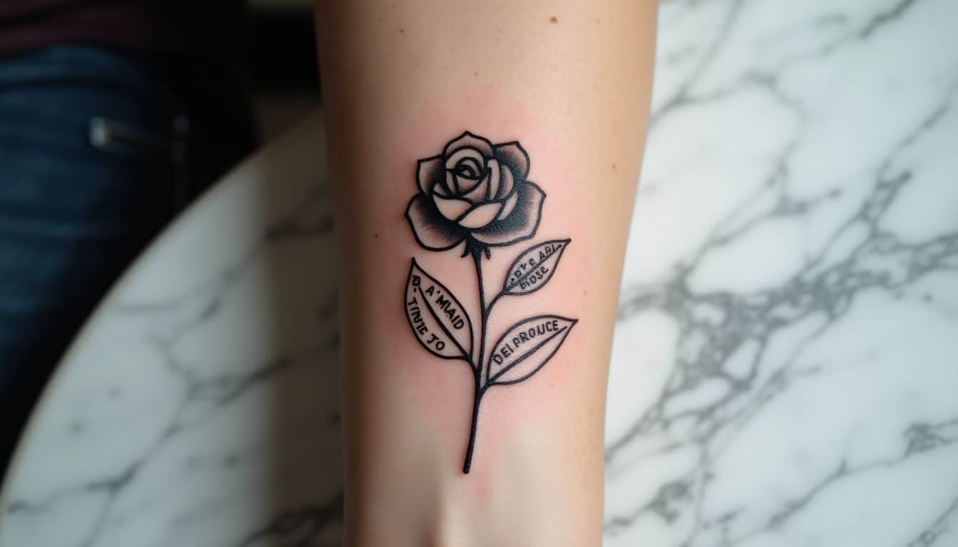 A black and grey rose tattoo with a meaningful quote.