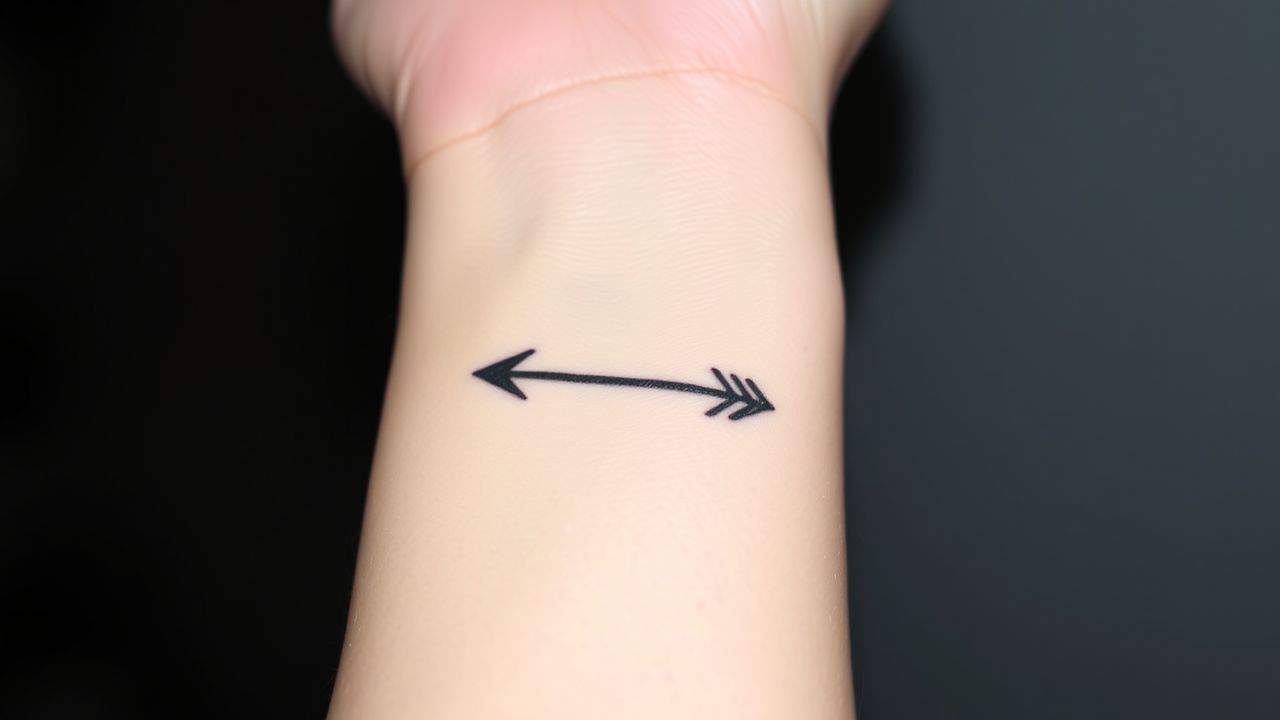 A close-up photo of a minimalist black arrow tattoo on the wrist.