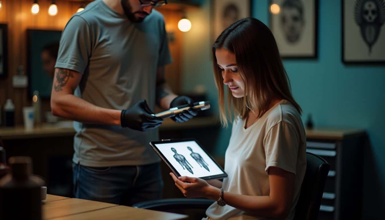 A woman selects tattoo designs with an artist in a parlor.