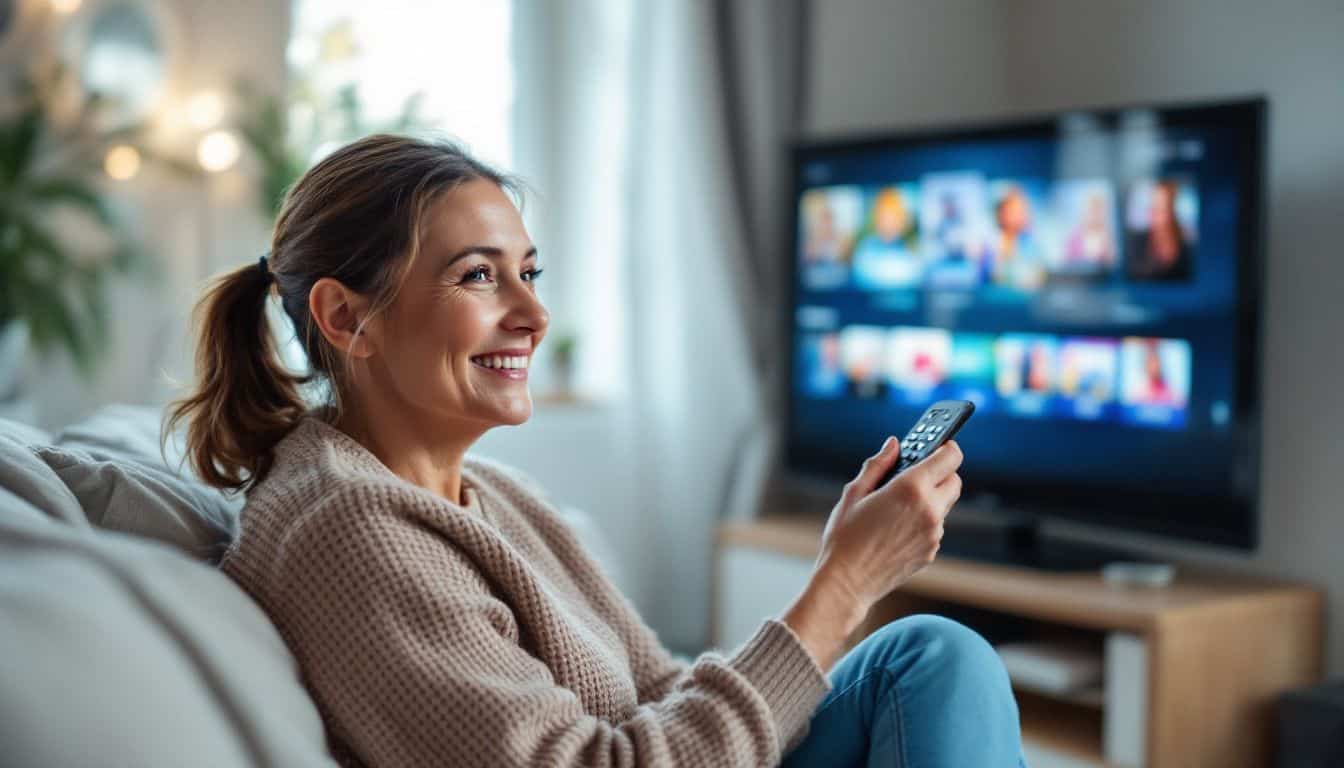 A middle-aged woman comfortably flips through British TV channels at home.