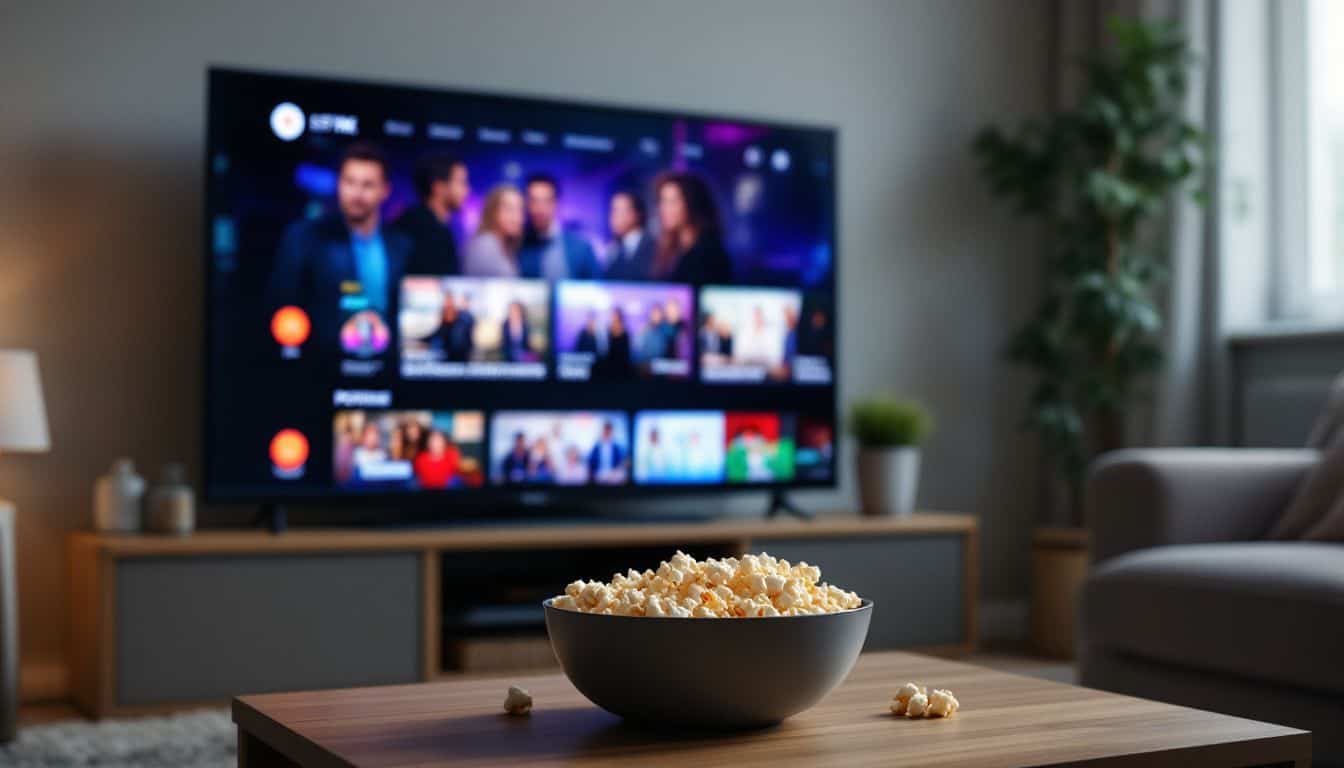 A cozy living room with a TV showing UK shows and popcorn on the coffee table.