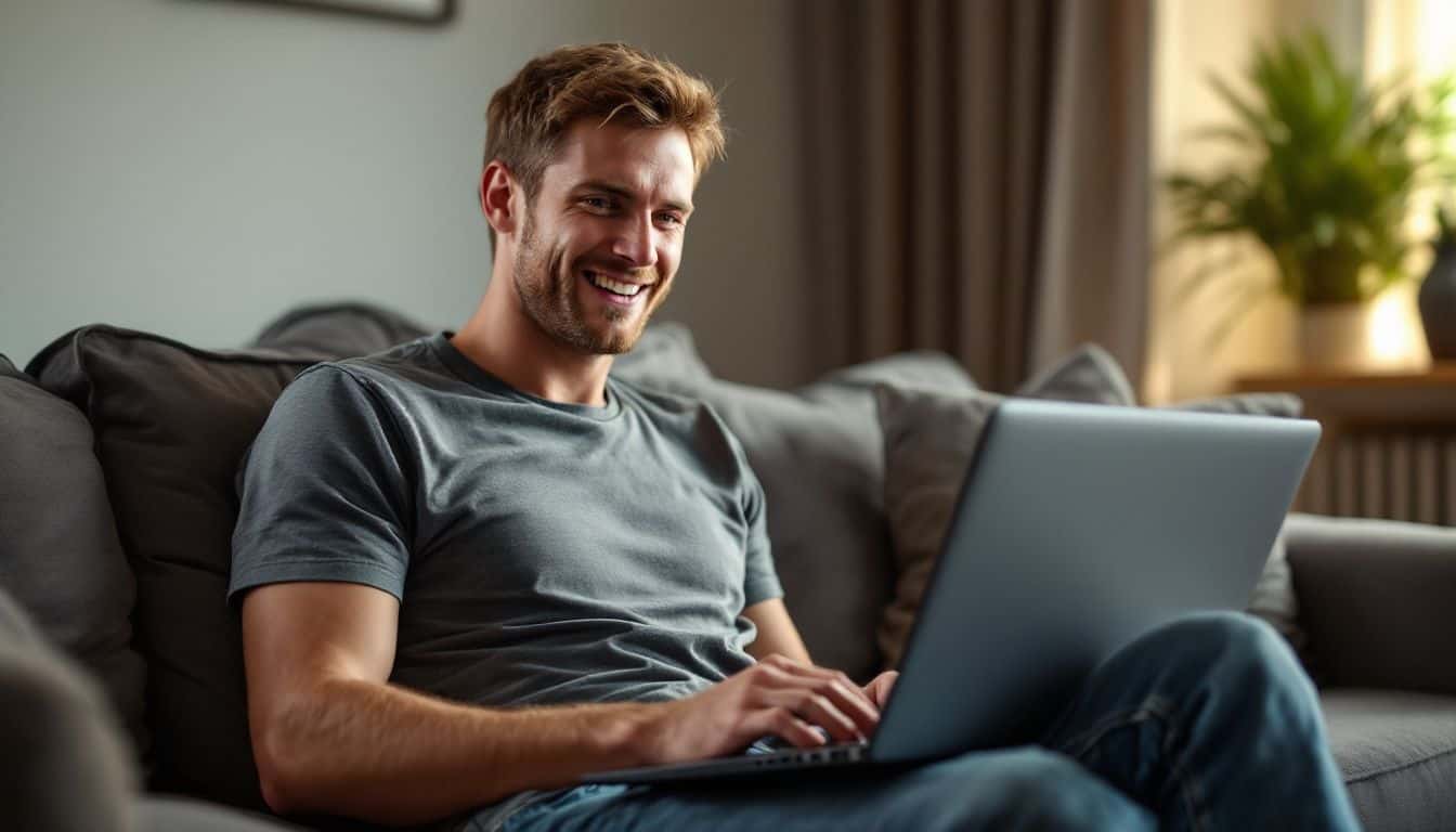 A man in his 30s excitedly streams BBC shows on his laptop.