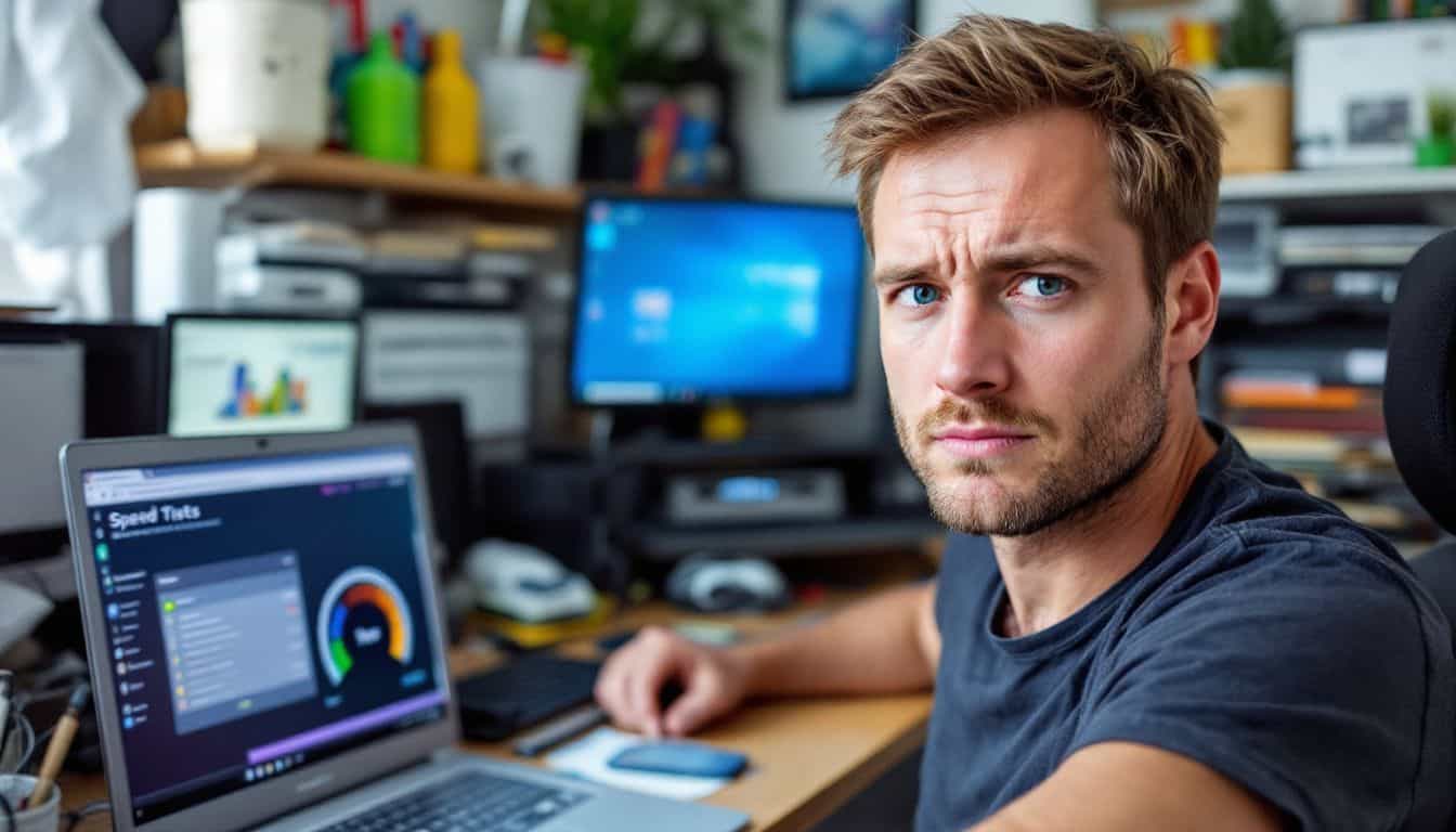 A frustrated person with cluttered desk and electronics.