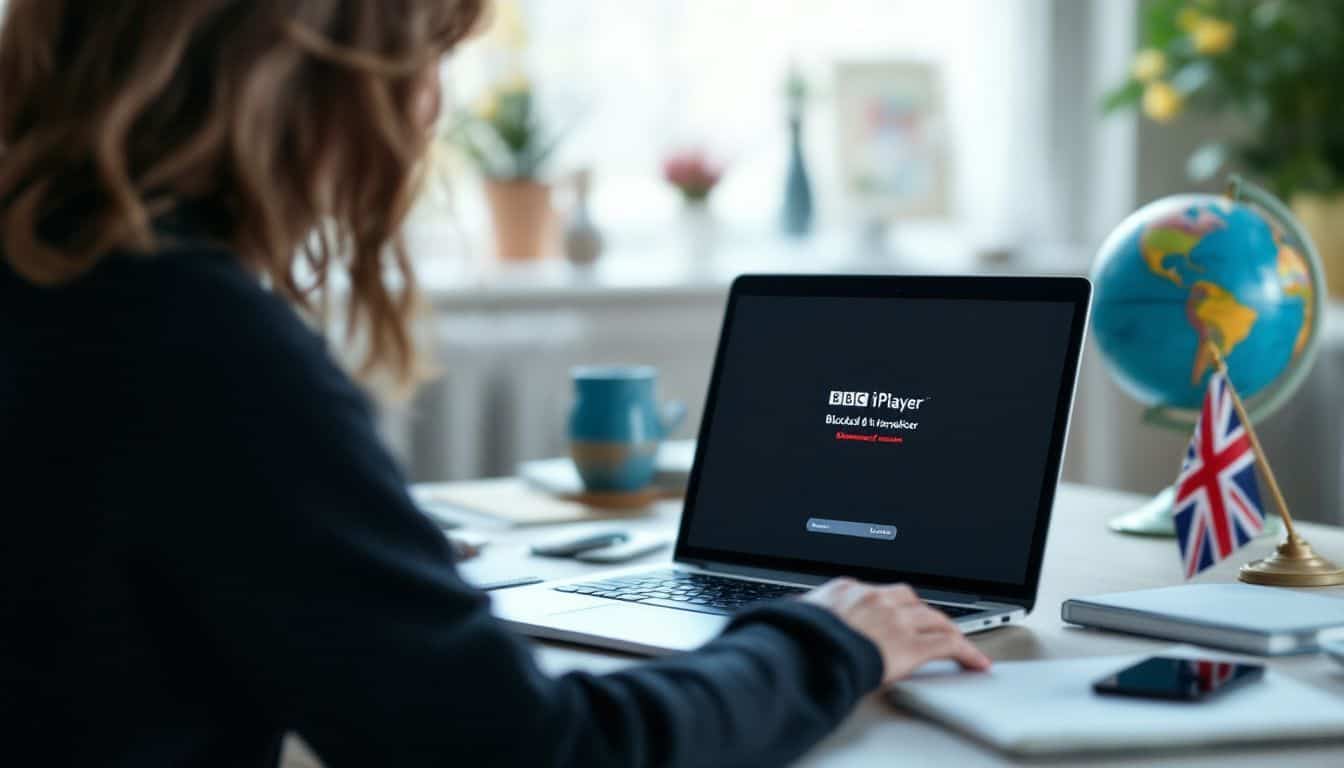 A woman in her 30s working on a laptop with blocked BBC iPlayer message.