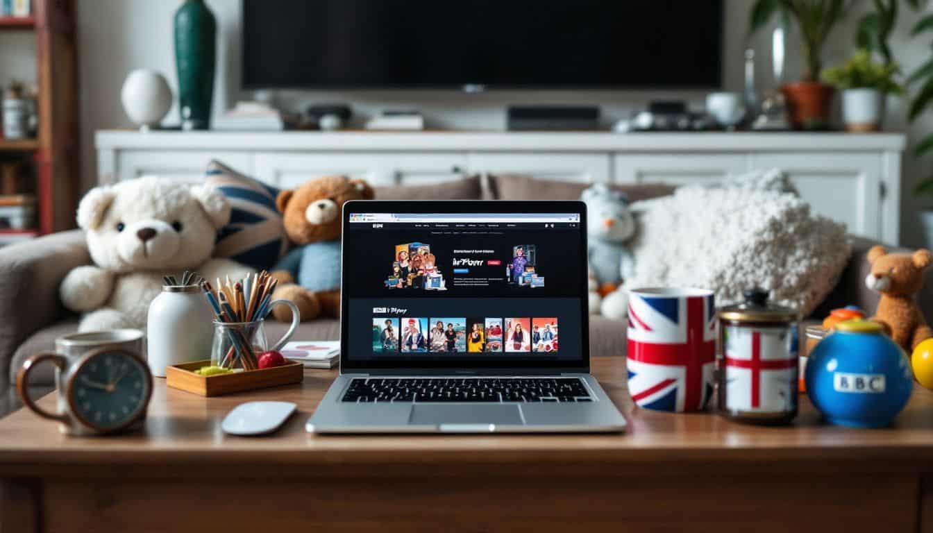 A cluttered living room with British-themed decorations and an open laptop.