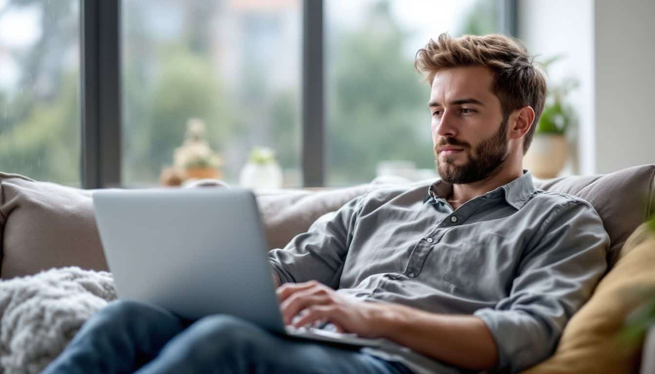 A man in his 30s sits on a couch, using Surfshark VPN.