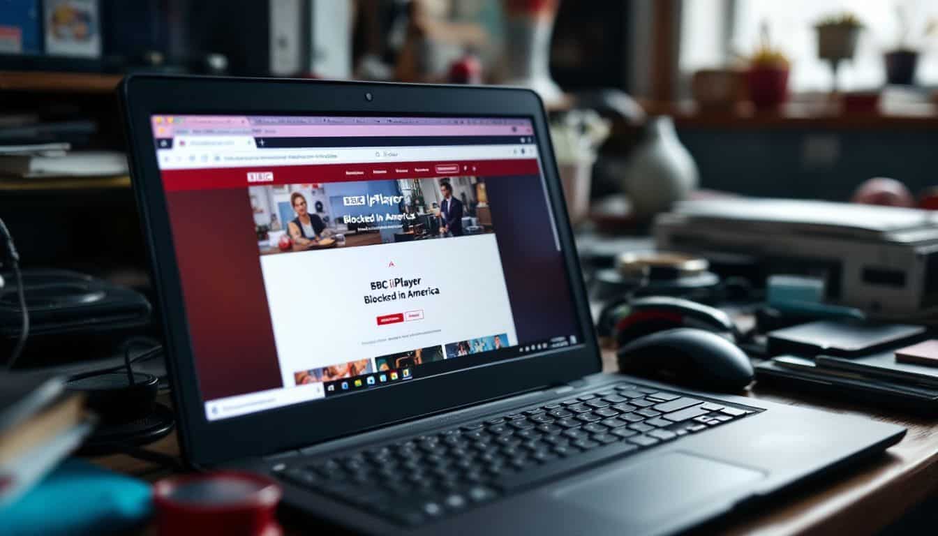 An old laptop on a cluttered desk shows a VPN block message.