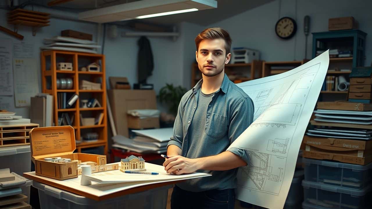 A college student studies architecture in a cluttered studio workspace.