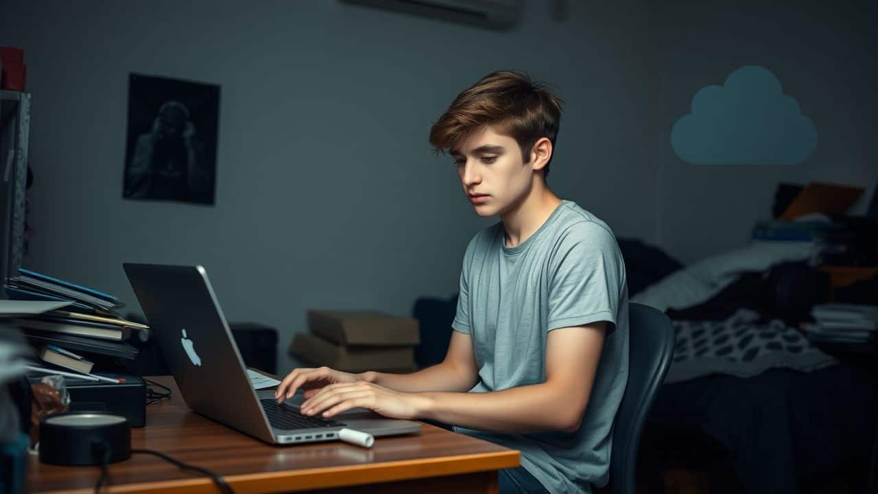 A college student hurriedly backs up files in a messy dorm room.