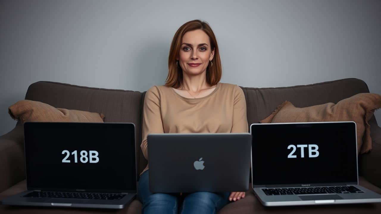 A woman sitting on a couch surrounded by laptops of various storage sizes.