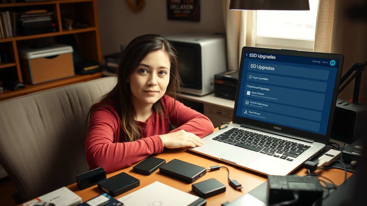 A young woman sits at a cluttered desk with various storage devices.