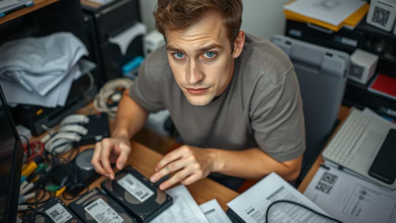 A media student organizes hard drives and SSDs on a cluttered desk.