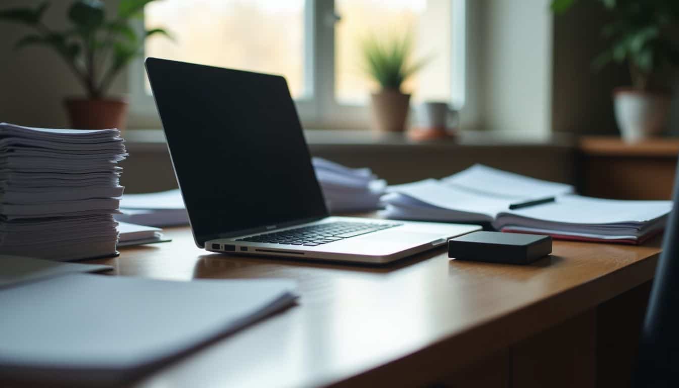 A cluttered student desk with stacks of paperwork and electronic devices.