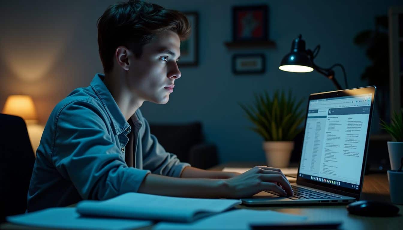 An engineering student studies late at night, surrounded by CAD files.