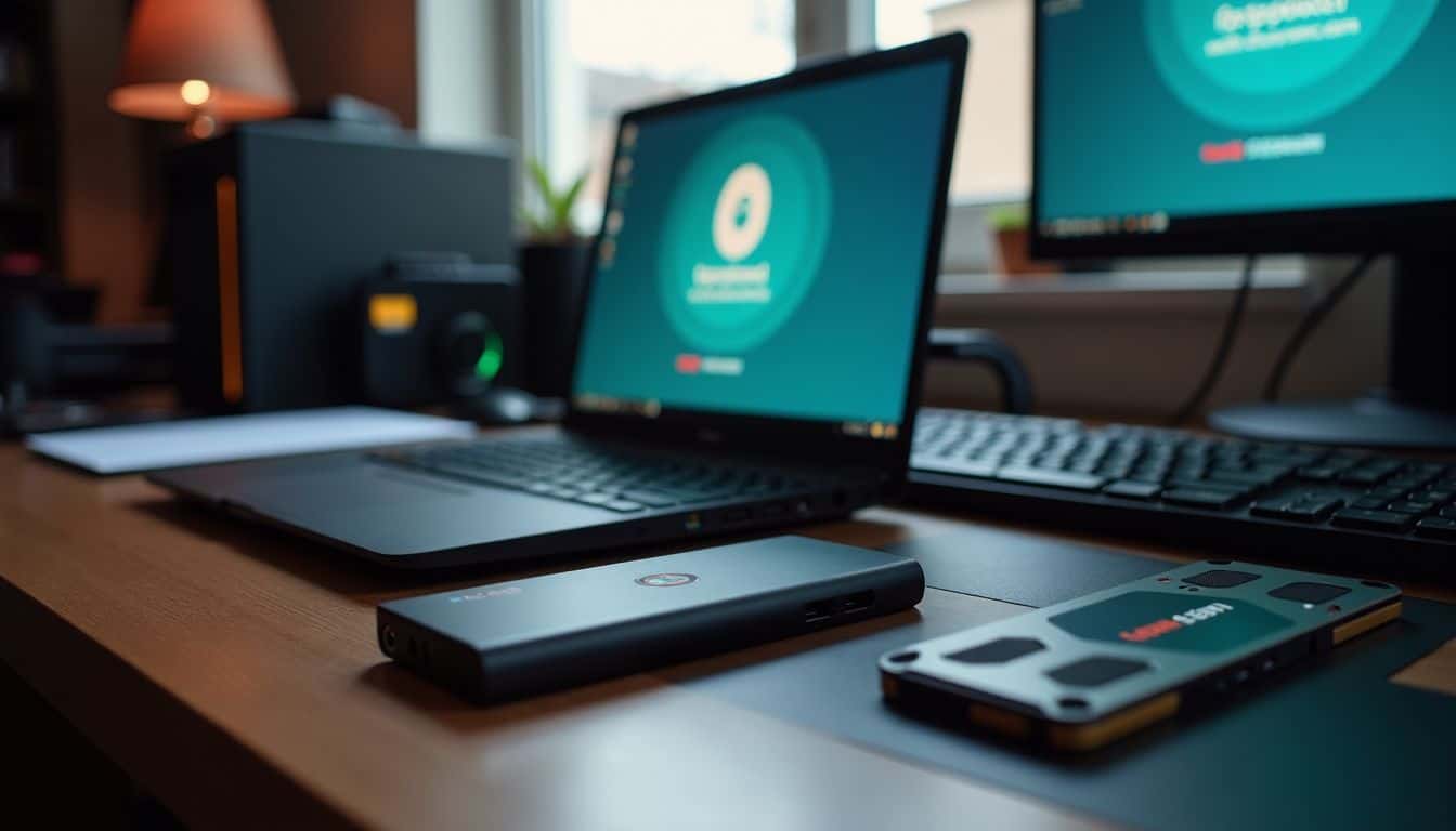 A cluttered gaming desk with open laptop, SSDs, and RAM modules.