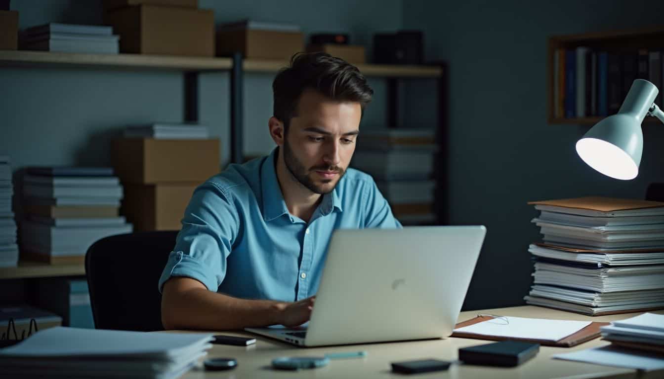 A person works on optimizing laptop storage at a cluttered desk.