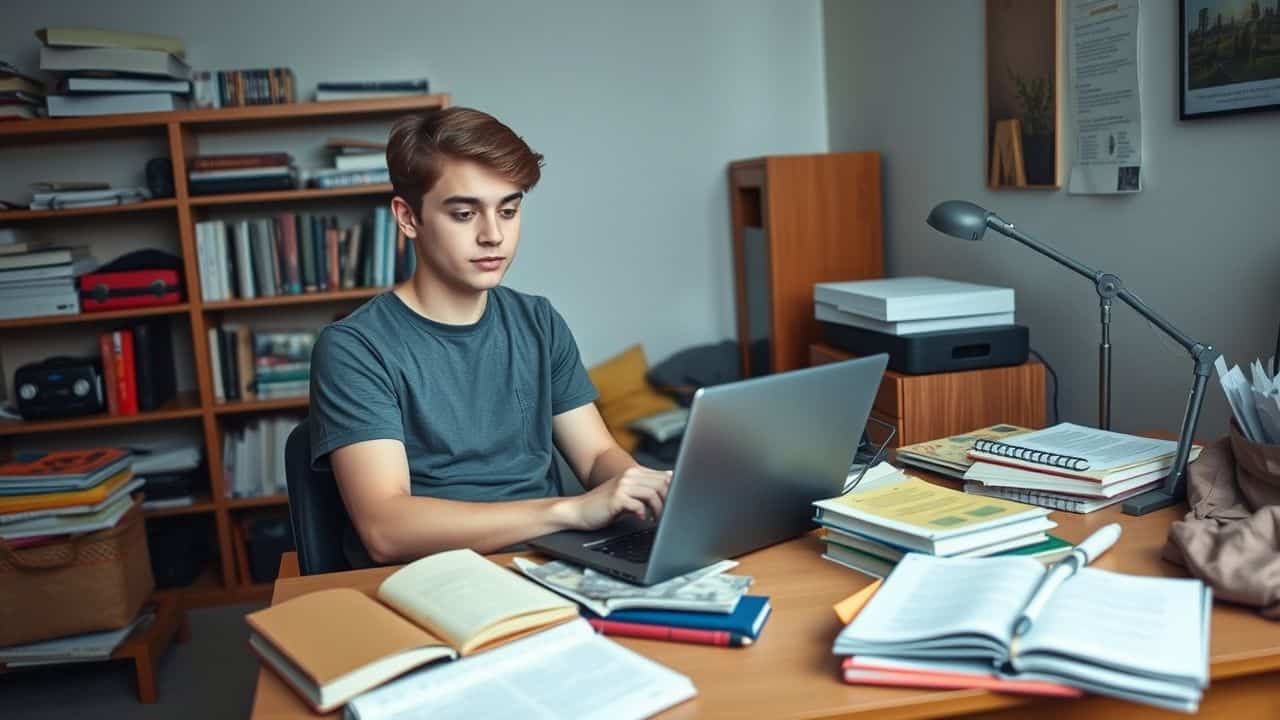 A college student studying in a cozy dorm room.