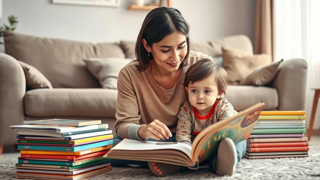 A mother reads to her young child in a cozy living room.