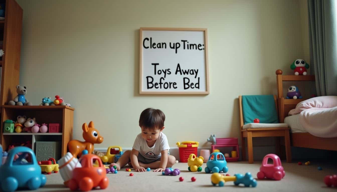 A messy child's bedroom with scattered toys and a handwritten 'Clean Up Time' sign.