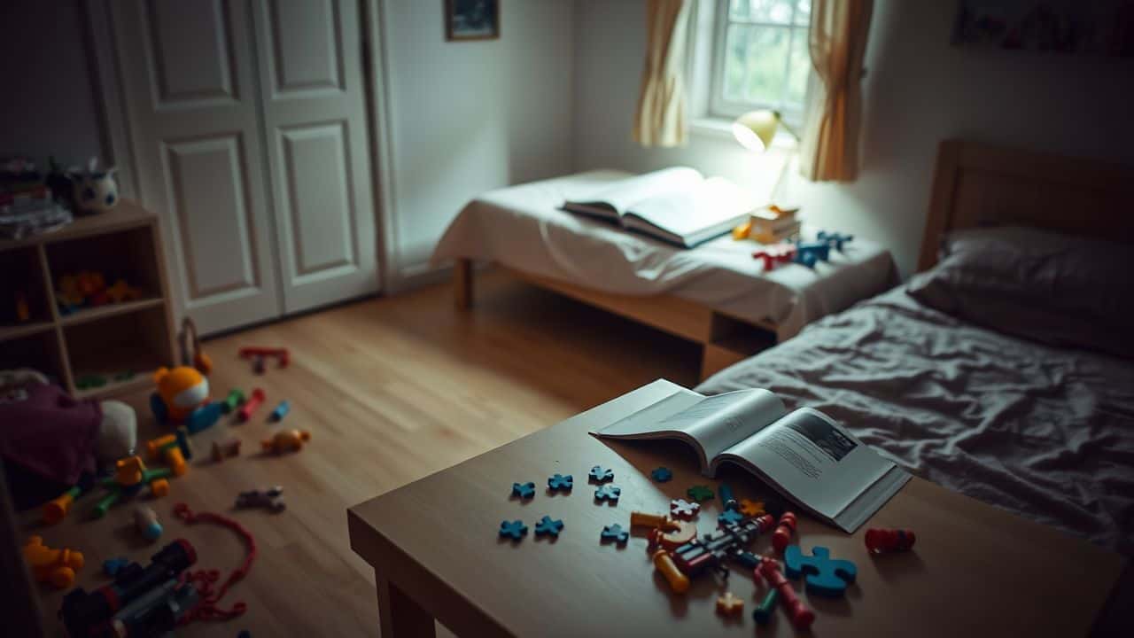 A child's messy bedroom with scattered toys, a half-finished puzzle, and open book.