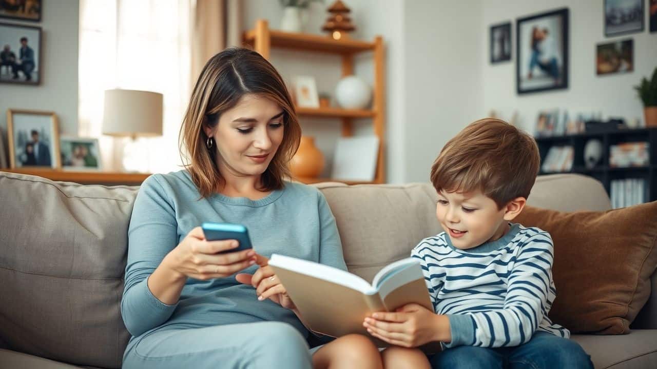 A mother and son bonding on a comfortable couch in a living room.