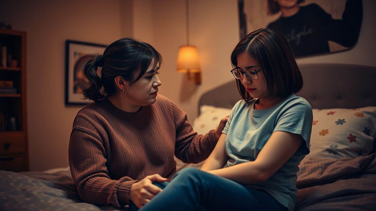 A mother comforts her upset teenage daughter in a cozy bedroom.