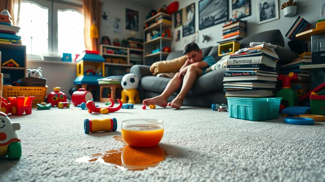 A messy playroom with scattered toys, spilled juice, and tired parent.