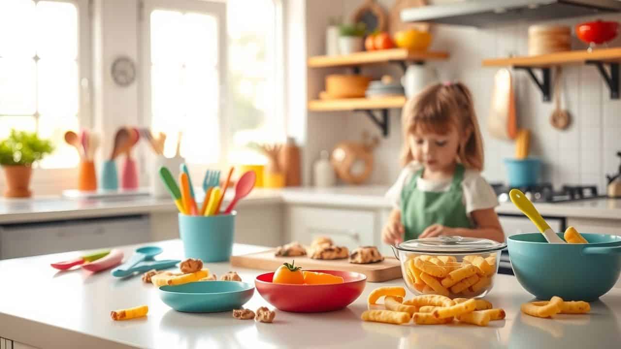 A vibrant, child-friendly kitchen with colorful utensils and healthy snacks.