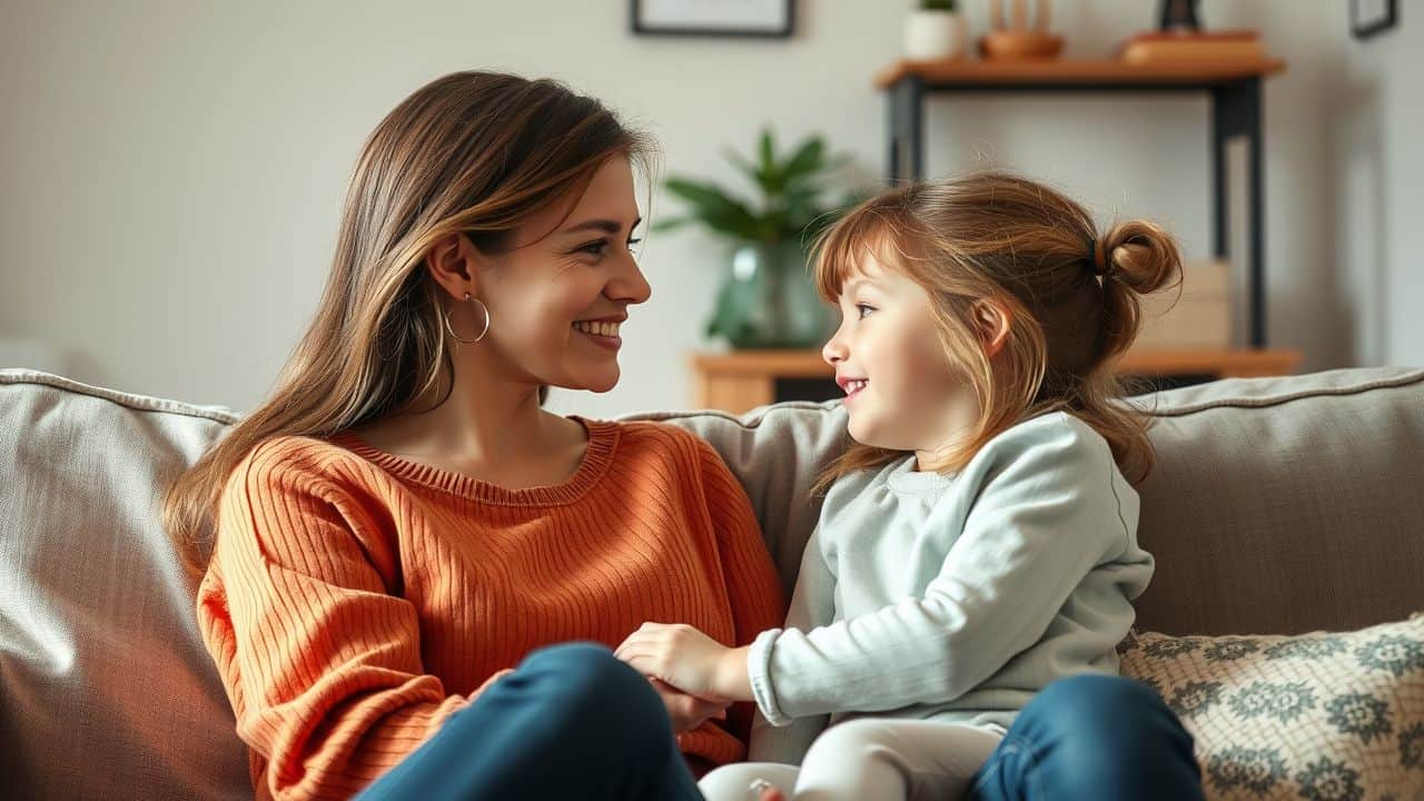 A mother and daughter sharing a loving moment on a cozy couch.