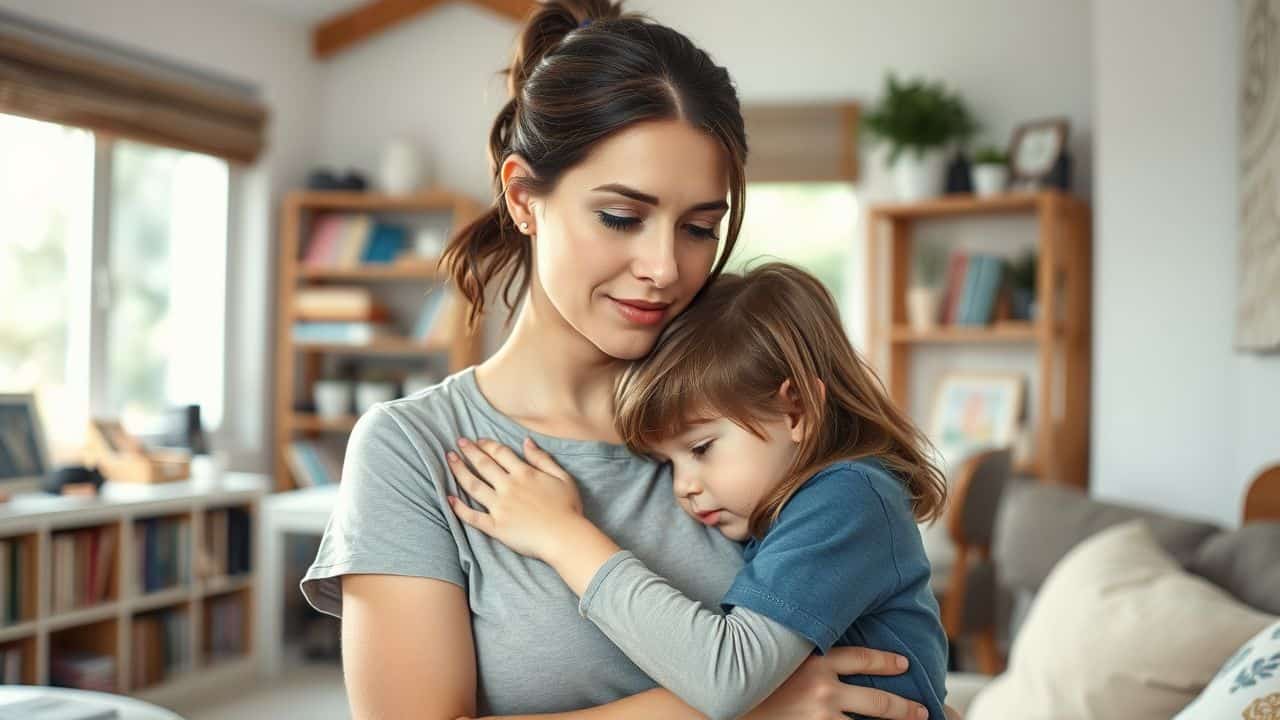 A mother embraces her pensive child in a cozy living room.